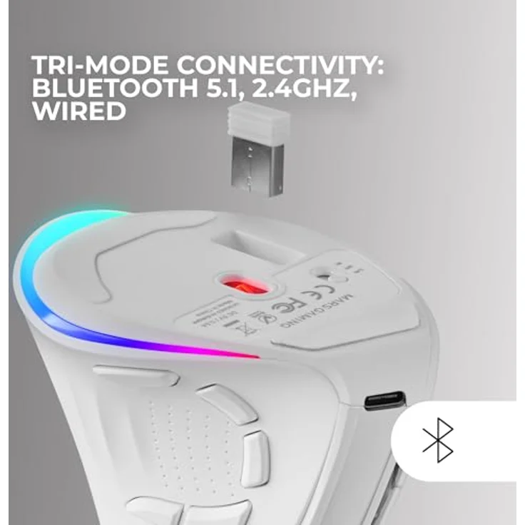 Mars Gaming MM-SK, Kabellose Vertikale Gaming-Maus, Ergonomisches Design, RGB Chroma-Beleuchtung, Pixart 8400DPI Sensor, Huano Mechanische Switches, 9 Programmierbare Tasten, Tri-Mode, Weiß – Bild 3