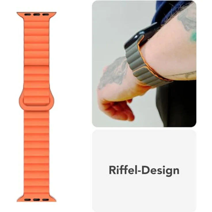 NALIA Core Magnet Armband für Apple Watch SE & iWatch Series 10-1, 38/40/41/42mm, atmungsaktives Silikon Loop, sportliches Rillendesign, Farbe: Leuchtorange – Bild 4