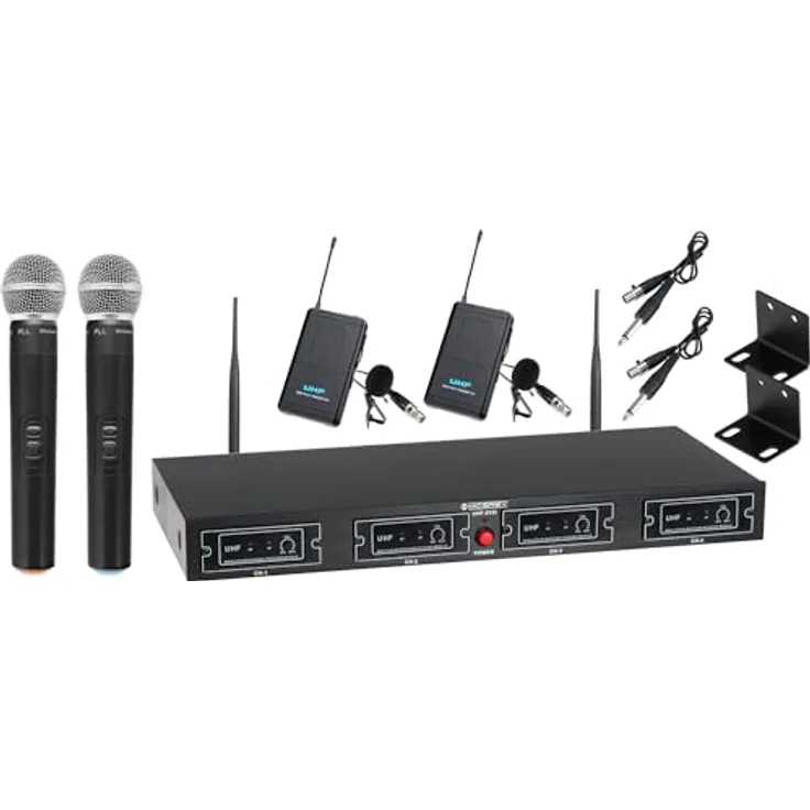 McGrey UHF-2V2I Quad Funk Mikrofon Set mit 50m Reichweite (Wireless Komplettset schwarz, 4-Kanal UHF-Funkmikrofon-Set mit 2 Handmikrofonen, 2 Lavaliermikrofonen, Taschensender)