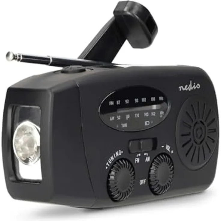 Nedis Notfallradio AM/FM, tragbares Akku-Radio mit Powerbank-Funktion, Handkurbel und Solarpanel
