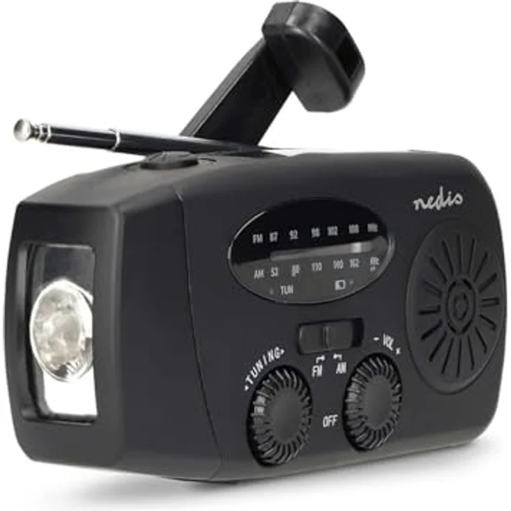 Nedis Notfallradio AM/FM, tragbares Akku-Radio mit Powerbank-Funktion, Handkurbel und Solarpanel – Bild 1
