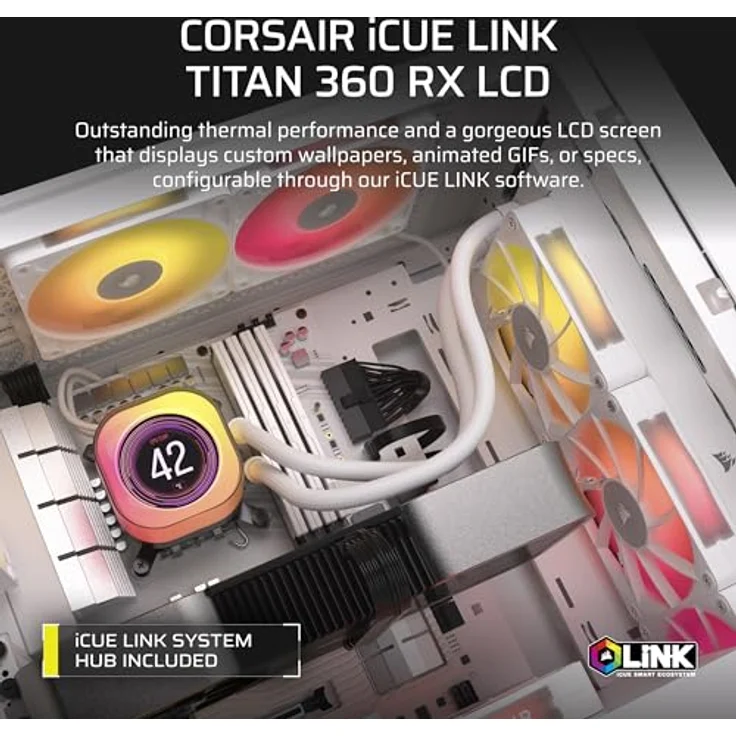 CORSAIR iCUE LINK Titan 360 RX LCD CPU-Flüssigkeitskühler – 360mm AIO – RGB-Lüfter – iCUE LINK-System-Hub – Weiß – Bild 2