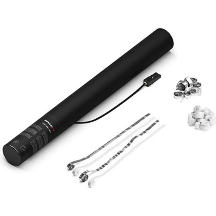 Magic FX E Cannon 50 cm, elektrische Konfetti Kanone mit weißen und silbernen Luftschlangen, TÜV-zertifiziert – Bild 1