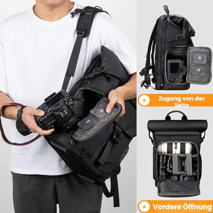 TARION SP-01, Wasserdichter Kamerarucksack mit 15,6 Zoll Laptophülle, großem Volumen und seitlichem Zugriff, schwarz – Bild 4