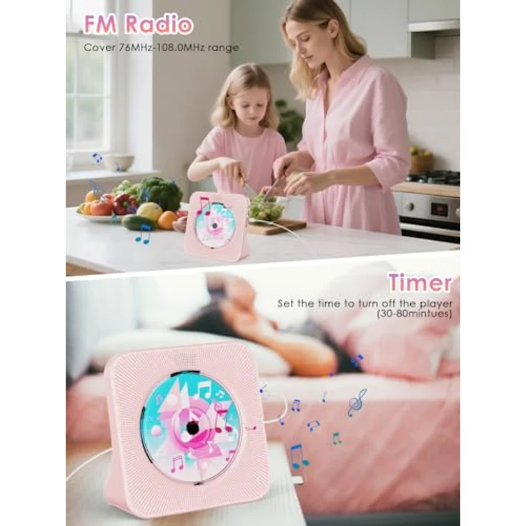Gueray CD-Player mit Bluetooth 5.0, FM-Radio, USB und 3,5 mm Audioplayer, rosa – Bild 5