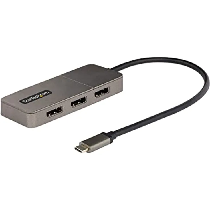 StarTech.com 3-Port USB-C Multi-Monitor Adapter, USB-C auf 3x DisplayPort 1.4 MST Hub, Dreifach 4K 60Hz, HDR, mit 0,3 m integriertem Kabel - nur für Windows, grau