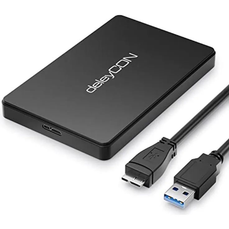 deleyCON Festplattengehäuse 2,5“ Zoll SATA 3 HDD/SSD Externes Gehäuse UASP Schwarz, ultra schlankes Design, 5 Gbit/s Datentransfer