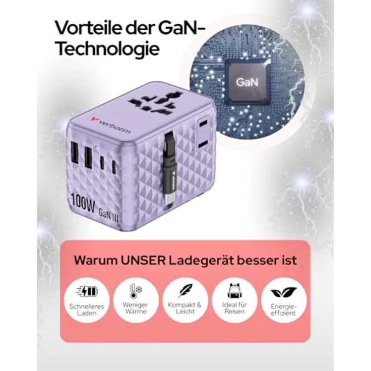 Verbatim Charge 'N' Travel 100W, Universal-Reiseadapter mit integriertem USB-C Kabel, lila – Bild 6