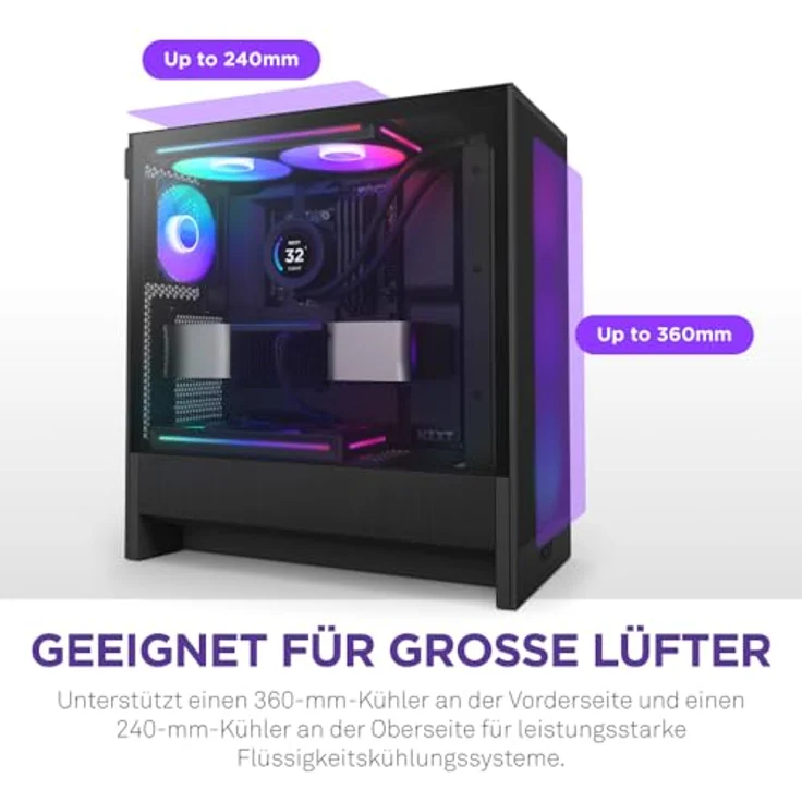 NZXT H5 Flow RGB 2024  – Kompaktes ATX-Mid-Tower-PC-Gaming-Gehäuse – Hoher Luftstrom – F360 RGBCore-Lüfter enthalten – 360 mm Kühlerhalterung vorne und 240 mm Kühlerhalterung Oben – Schwarz – Bild 4