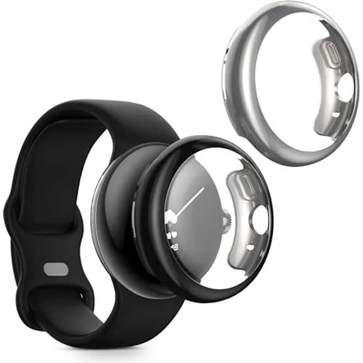 kwmobile 2X Silikon Hülle für Google Pixel Watch 2 / Pixel Watch 1, Fullbody Schutzhülle aus Silikon, Schwarz Silber, Rundumschutz für alle Funktionen