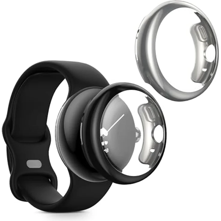kwmobile 2X Silikon Hülle für Google Pixel Watch 2 / Pixel Watch 1, Fullbody Schutzhülle aus Silikon, Schwarz Silber, Rundumschutz für alle Funktionen – Bild 1