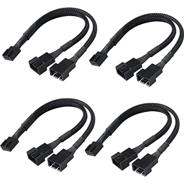 Akasa 4 Pin PWM Lüfter Verteiler, 1 auf 2 Wege PWM Lüfter, Geschwindigkeitsregelung PC Gehäuselüfter Splitter Verlängerungskabel, Schwarz Kabelmuffe, 150 mm 15 cm, 4 Stück, AK-CBFA04-KT04