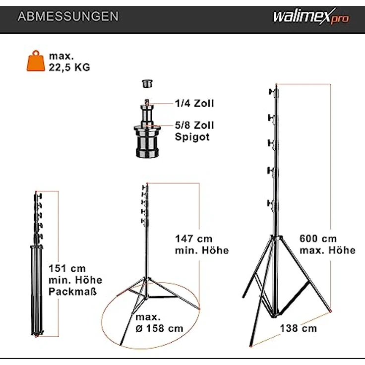 Walimex Pro Lampenstativ Jumbo AIR 600cm (Aluminium, Arbeitshöhe 150 bis 600 cm, 5 luftgefederte Segmente mit 45, 40, 36, 32, 28 mm Durchmesser, max. Belastbarkeit 22,5 kg, mit Tasche) - Preisvergleich – Bild 3