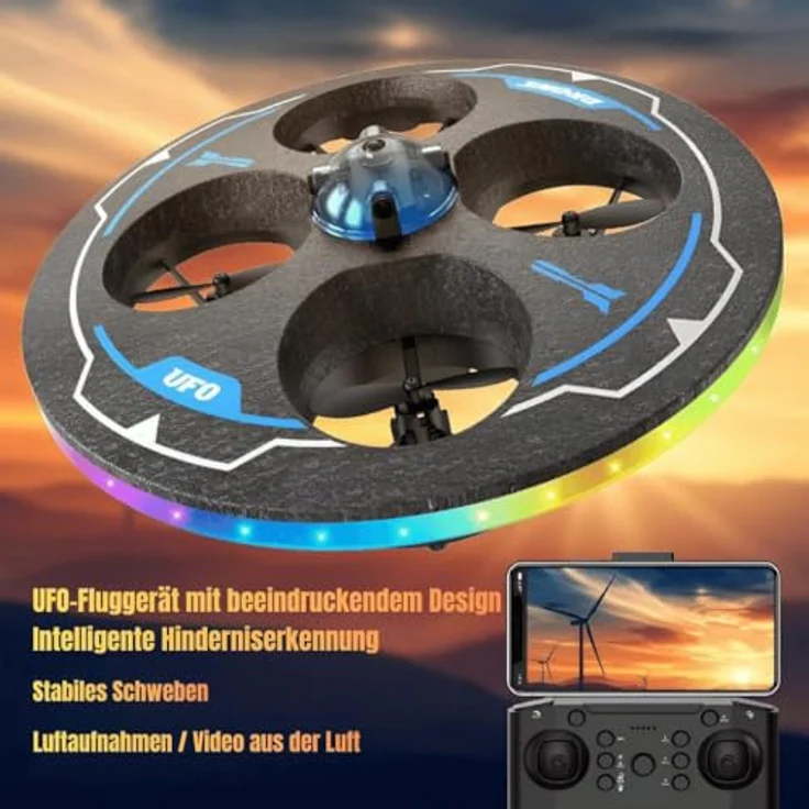 Goldstern-Tech RC-Quadrocopter UFO Einsteiger-Drohne mit 480P Kamera, LED-Beleuchtung, Hinderniserkennung, Höhenstabilisierung & 360° Flip-Funktion – Bild 2