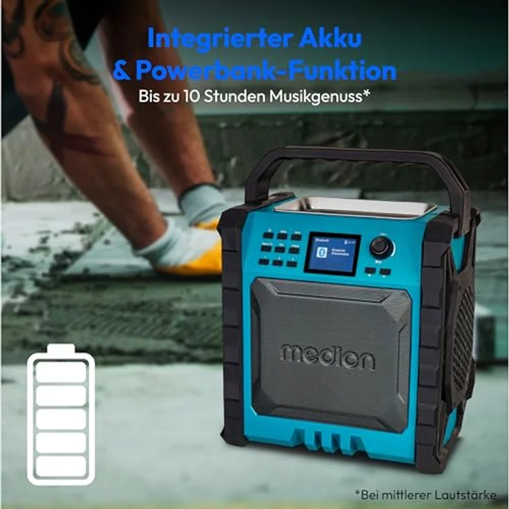 MEDION P66896 Baustellenradio mit DAB Plus, integriertem Akku und Powerbank-Funktion, Bluetooth und Farbdisplay, robust (schwarz) – Bild 3