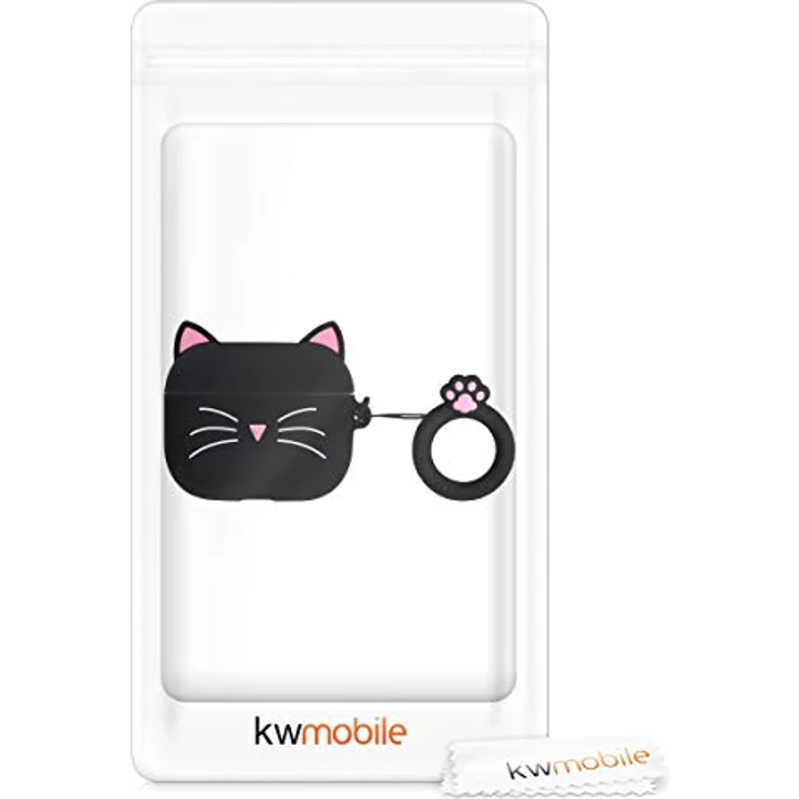 kwmobile Silikon Hülle für Apple AirPods Pro - Schutzhülle mit Katzenmotiv, schwarz-weiß, rutschfest und reißfest – Bild 5