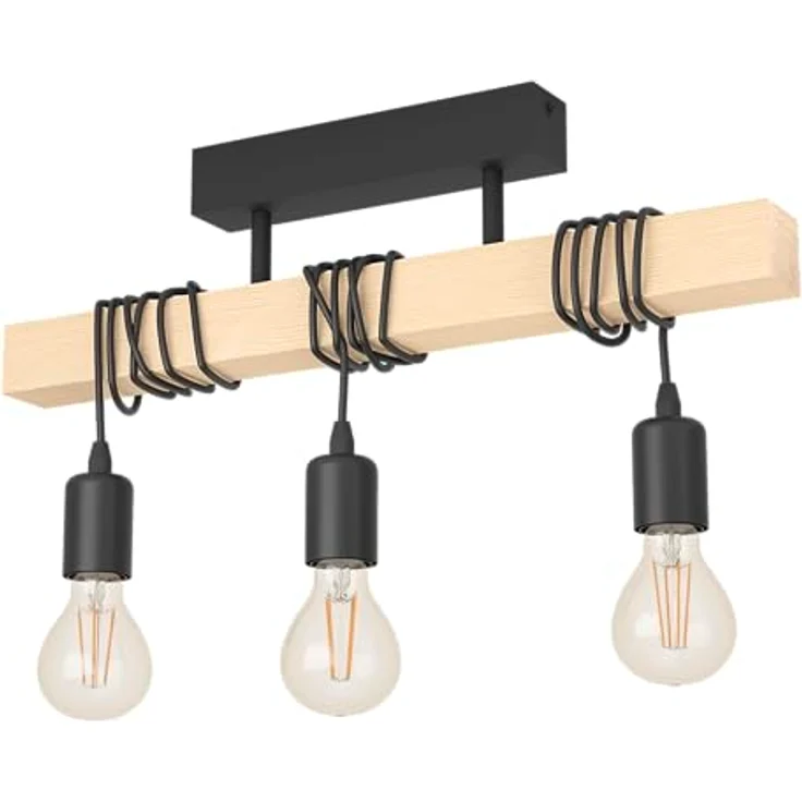 EGLO Deckenlampe Townshend, 3 flammige Vintage Deckenleuchte im Industrial Design, Retro Pendelleuchte aus Stahl und Holz, Schwarz, braun, FSC zertifiziert, E27 Fassung – Bild 1