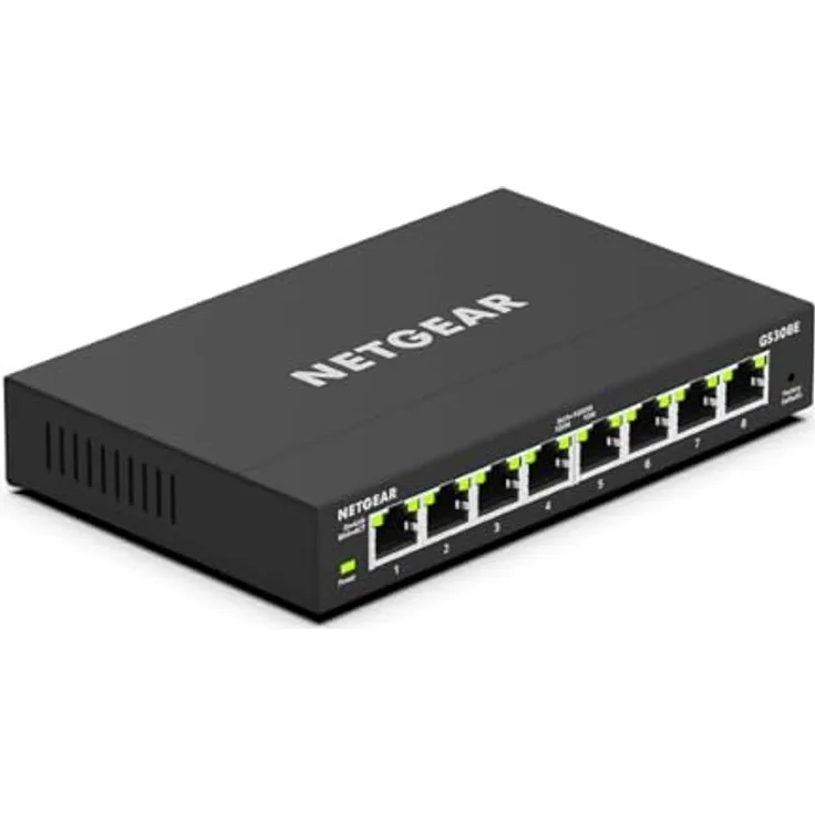 NETGEAR GS308E Managed Switch 8 Port Gigabit Ethernet LAN Switch Plus, Schwarz, lüfterlos, robustes Metallgehäuse