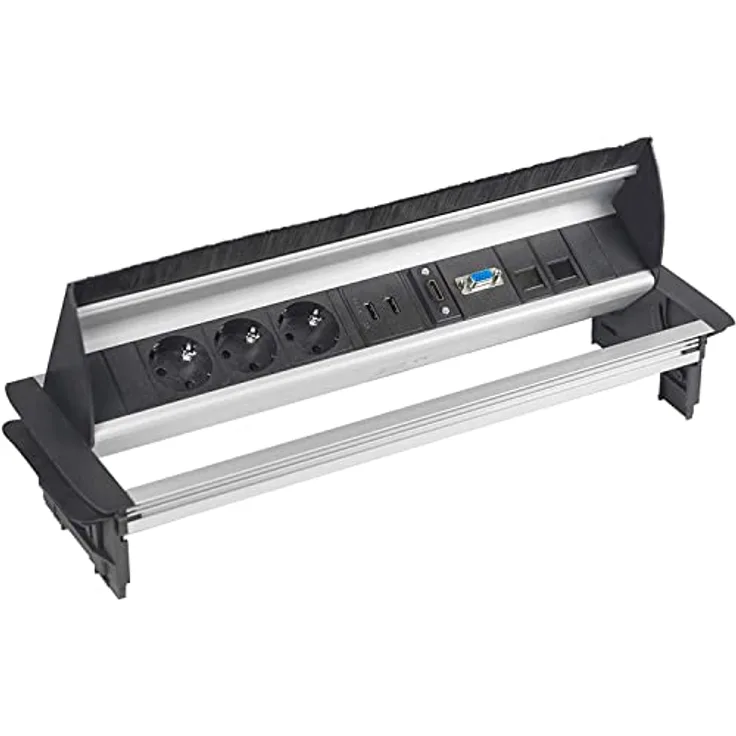 Elbe Inno Versenkbare Tischsteckdose mit 2xUSB, HDMI & VGA-Buchse, 2xRJ45 Netzwerkdose, Kindersicherung, Audiobuchse, 1,5m Kabel, für Büro - EL4403A, Schwarz-Grau
