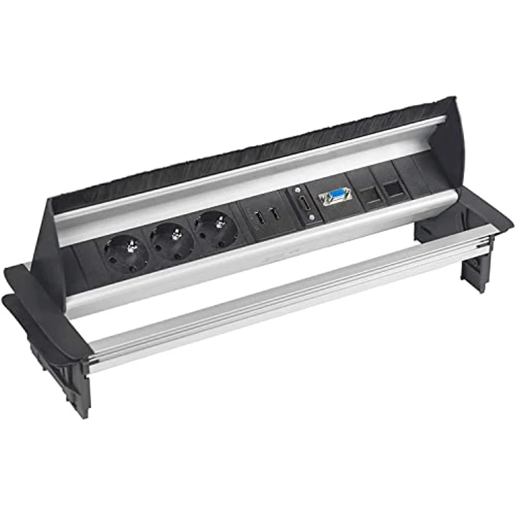 Elbe Inno Versenkbare Tischsteckdose mit 2xUSB, HDMI & VGA-Buchse, 2xRJ45 Netzwerkdose, Kindersicherung, Audiobuchse, 1,5m Kabel, für Büro - EL4403A, Schwarz-Grau – Bild 1