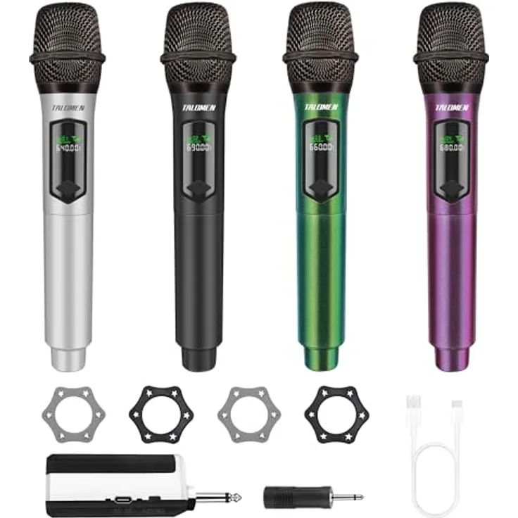 talomen Professionelles kabelloses Quad-Mikrofonsystem K604, 2,4 GHz, dynamisches Karaoke-Mikrofon, wiederaufladbar, Silber, Schwarz, Grün, Violett