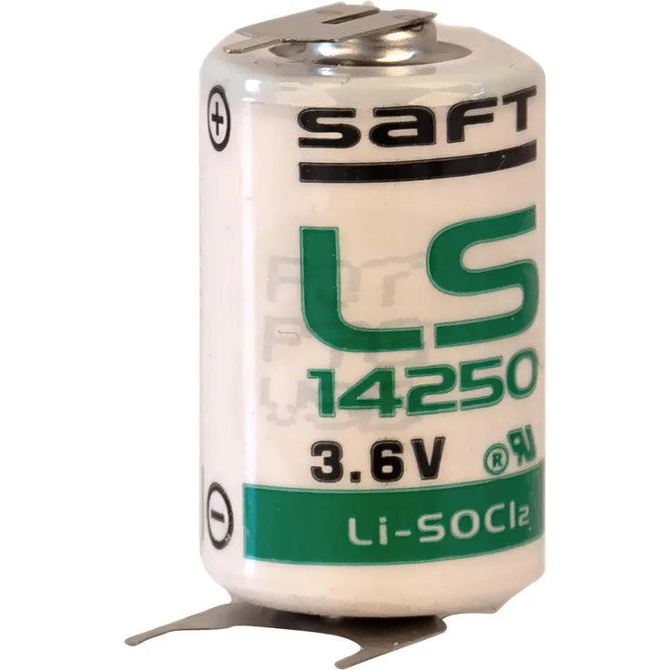 SAFT Lithium-Batterie LS 14250 1/2 AA, 3,6 V, 1200 mAh, PIN-Anschluss, hohe Energiedichte, Temperaturbereich -60 °C bis +85 °C