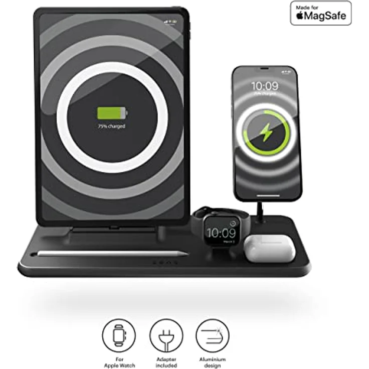 ZENS Aluminium MagSafe Ladestation 4in1 für iPhone, iPad, AirPods, Apple Watch und -Pencil (Qi/Mfi und Made for MagSafe Zertifizierung, 45W Netzteil + Kabel inklusive) Schwarz – Bild 4