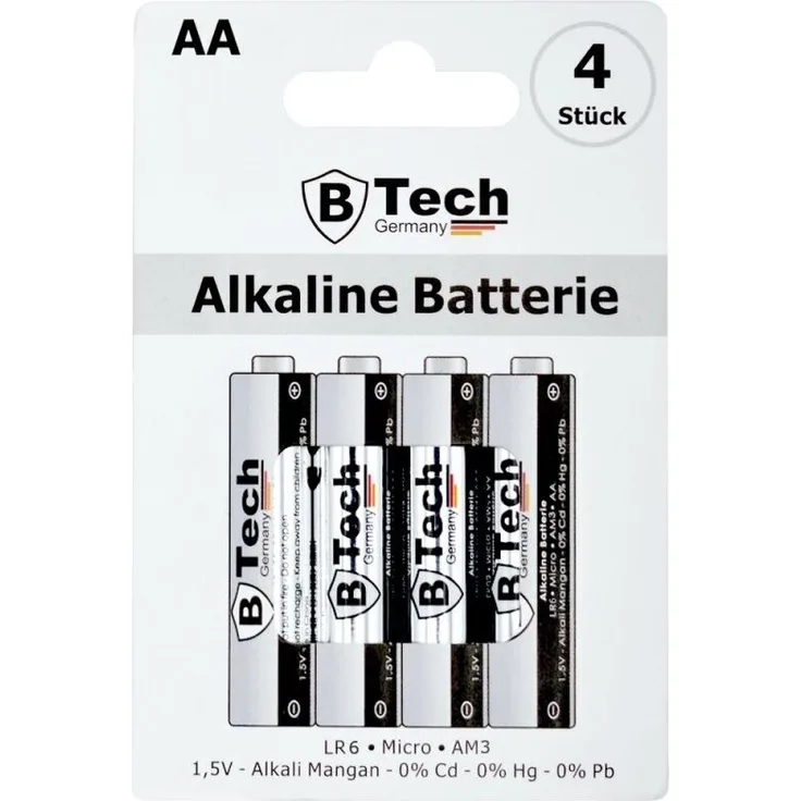B-Tech Batterie Alkaline LR6 AA Mignon, 4er Pack mit 1,5 Volt