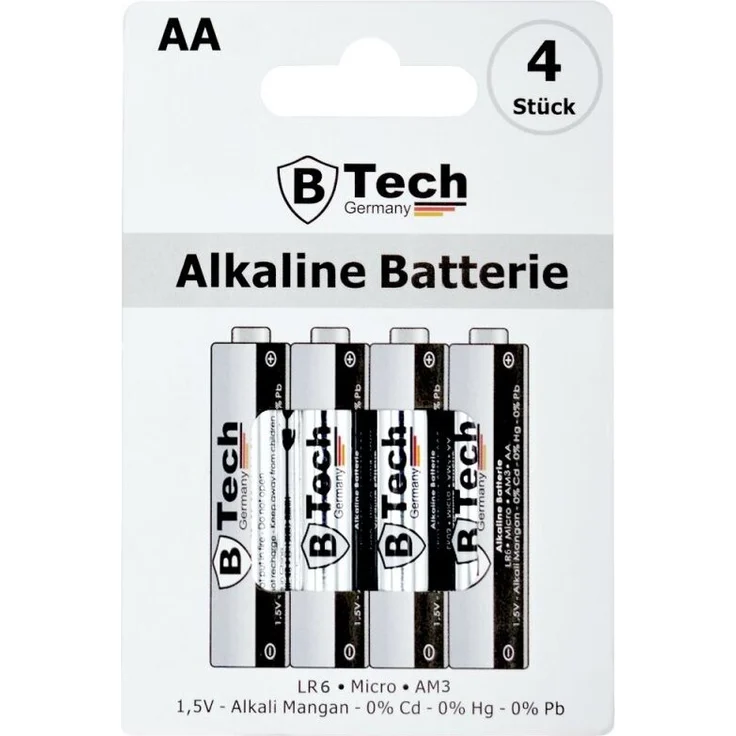 B-Tech Batterie Alkaline LR6 AA Mignon, 4er Pack mit 1,5 Volt