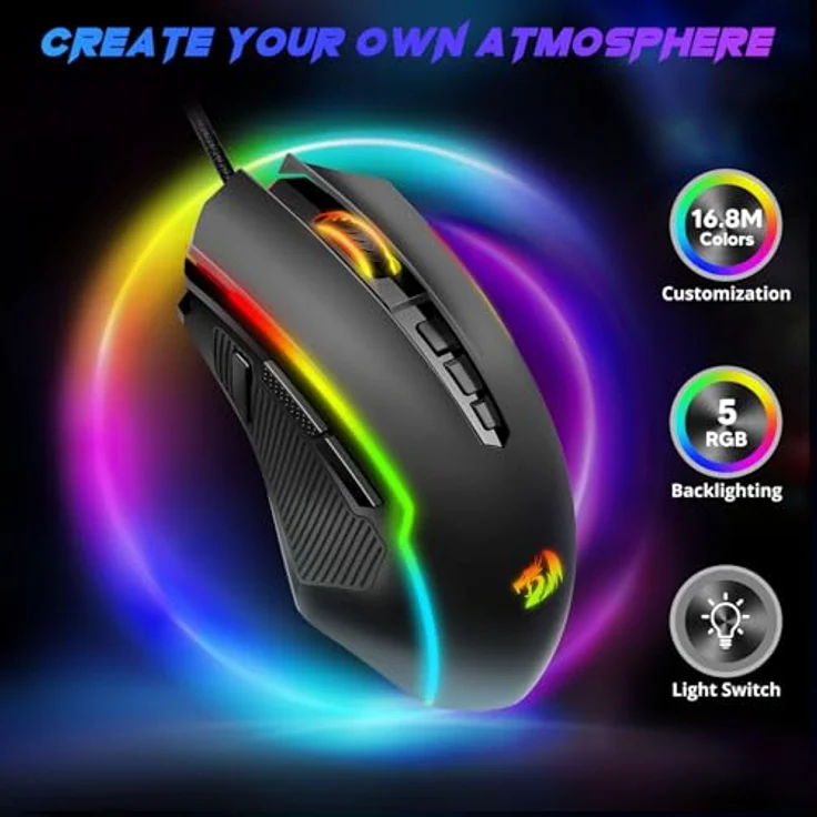 Redragon M910-K Gaming Maus, RGB, 8000 DPI, 9 programmierbare Tasten, ergonomisches Design für MMO/FPS/PC/Windows/Mac – Bild 2