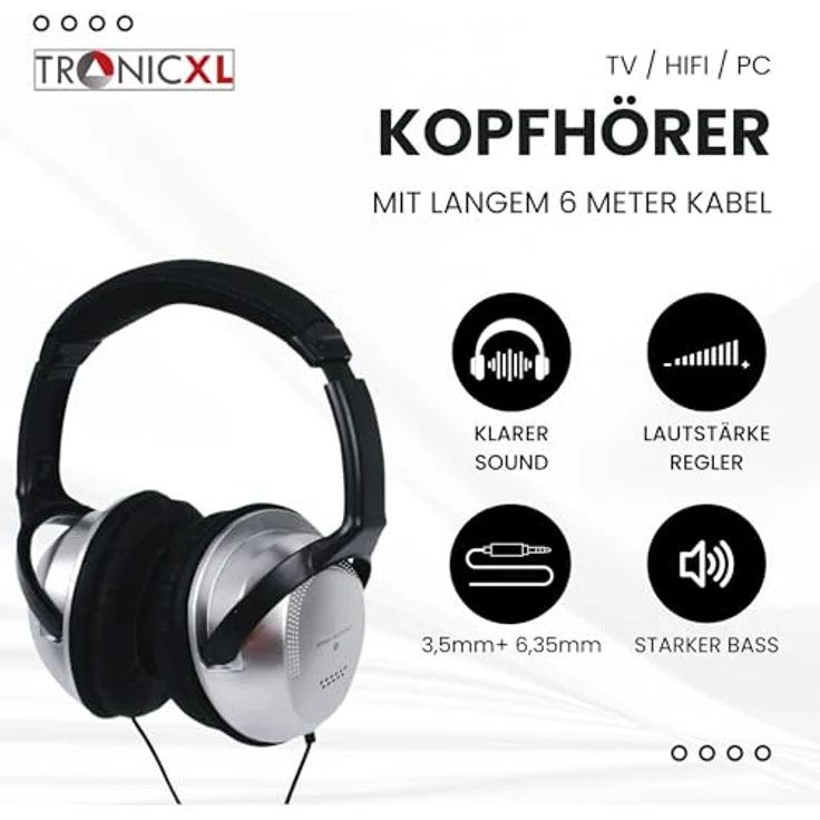 TronicXL Fernsehkopfhörer Kopfbügel Kopfhörer I 6m langes Kabel I Stereo TV Fernseh Headphones Fernseher PC HiFi I Bügel Kopfhörer 3,5mm Klinke 6,35mm Klinkenstecker - Schwarz – Bild 2