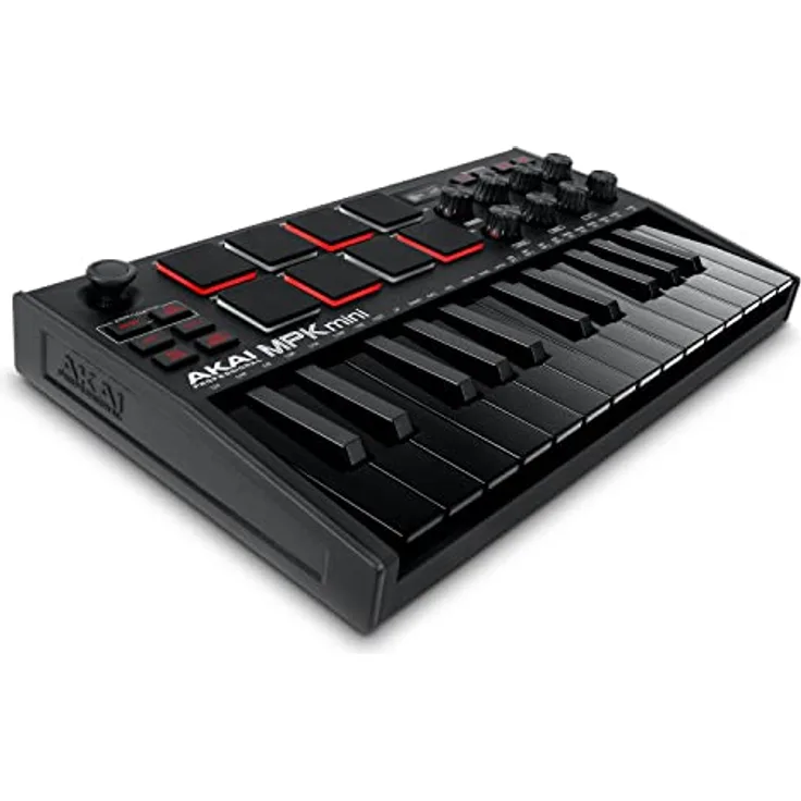 AKAI Professional MPK Mini MK3 Black – 25-Tasten USB MIDI Keyboard Controller, 8 hintergrundbeleuchtete Drum Pads, 8 Regler, Musikproduktion-Software