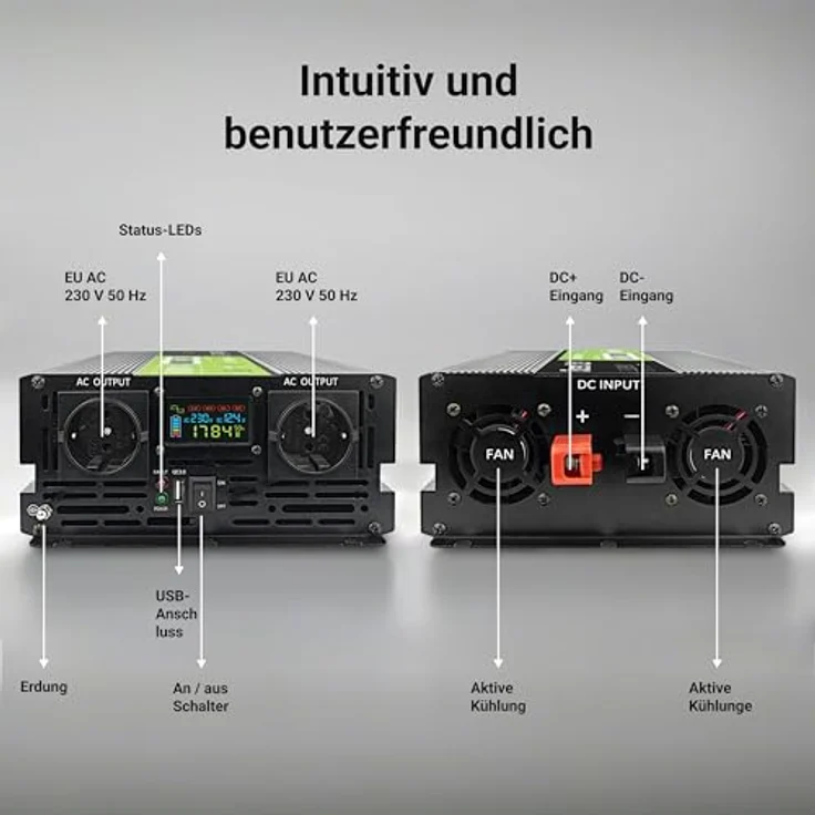 Green Cell DC to AC Power Inverter 2000 Watt, ATX-Netzteil mit 2 Ausgängen, Schwarz, 80 Plus Zertifizierung – Bild 7