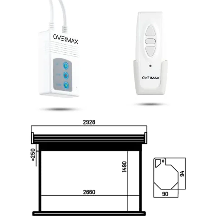 OVERMAX Automatische Hängende Beamer Leinwand groß 120" zoll mit Fernbedienung, 16:9, Abmessungen 266 x 149 cm, Verstellbare Leinwandlänge, Full HD, 4k, Wand-und Deckenmontage, Projektion für Heimkino – Bild 3