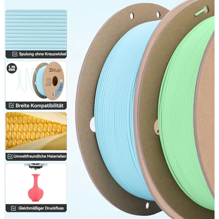 3DHoJor Matte PLA Filament, 2KG Mintgrün+Hellblau, 1.75mm, hohe Zähigkeit, verbesserte Haftung – Bild 4