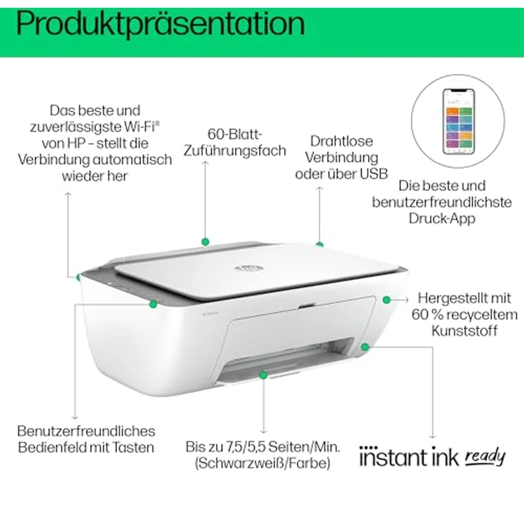 HP DeskJet 2820e Multifunktionsdrucker, 3 Monate gratis drucken mit HP Instant Ink inklusive, Drucker, Scanner, Kopierer, WLAN – Bild 2