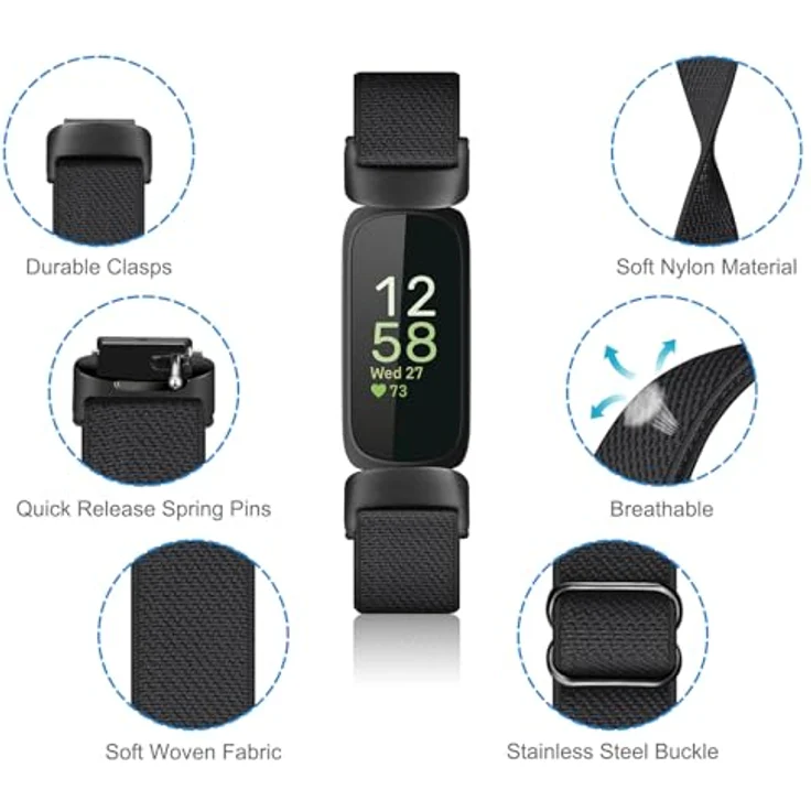 FINTIE Elastisch Armband für Fitbit Inspire 3, Verstellbares Nylon Loop Uhrenarmband, Dehnbar, Schwarz – Bild 4