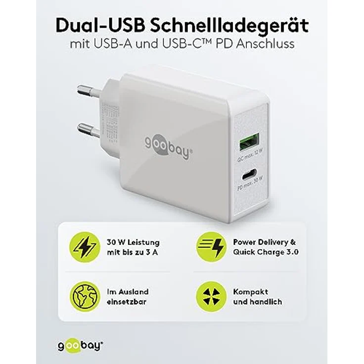 goobay 61674 Dual USB C PD (Power Delivery) Schnellladegerät (30 W) / Quick Charge Netzteil für iPhone, Samsung, Huawai/Handy Ladegerät/Ladeadapter für die Steckdose/weiß – Bild 2