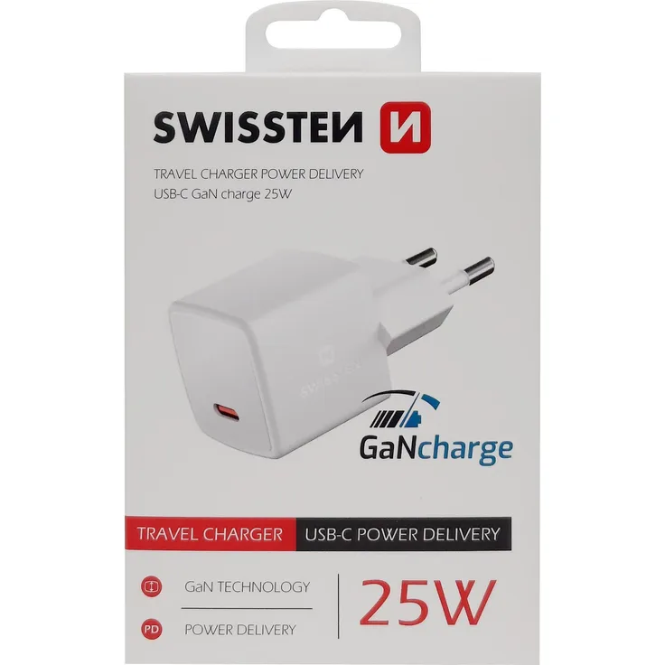 Swissten Gan Mini Reise-Ladegerät USB-C, 25W mit Power Delivery Schnelllade-Technologie