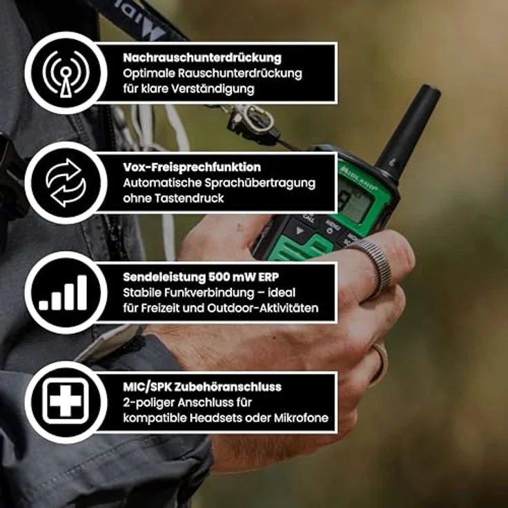 MIDLAND XT30 Pro Walkie Talkie, 16 PMR446-Kanäle, Reichweite bis zu 6 km, spritzwassergeschützt, Schwarz/Grün – Bild 7