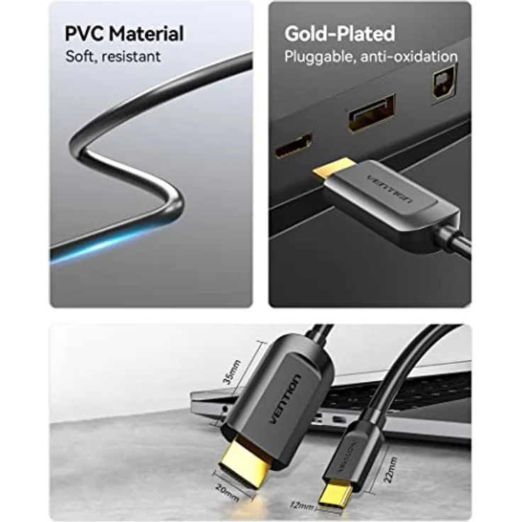 VENTION USB C zu HDMI Kabel 2M, 4K@30Hz, Thunderbolt 3 kompatibel, für MacBook, iPad Pro, Galaxy S23/S22/S21/S20, stabil und langlebig – Bild 3