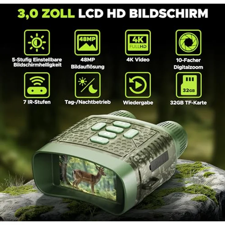 VOOPEAK Nachtsichtgerät Militär, 4K UHD Infrarot-Fernglas, 48MP, 10X Digitalzoom, 300m Reichweite, 5000mAh wiederaufladbar mit 32GB TF-Karte für Jagd, Sicherheit und Camping – Bild 2
