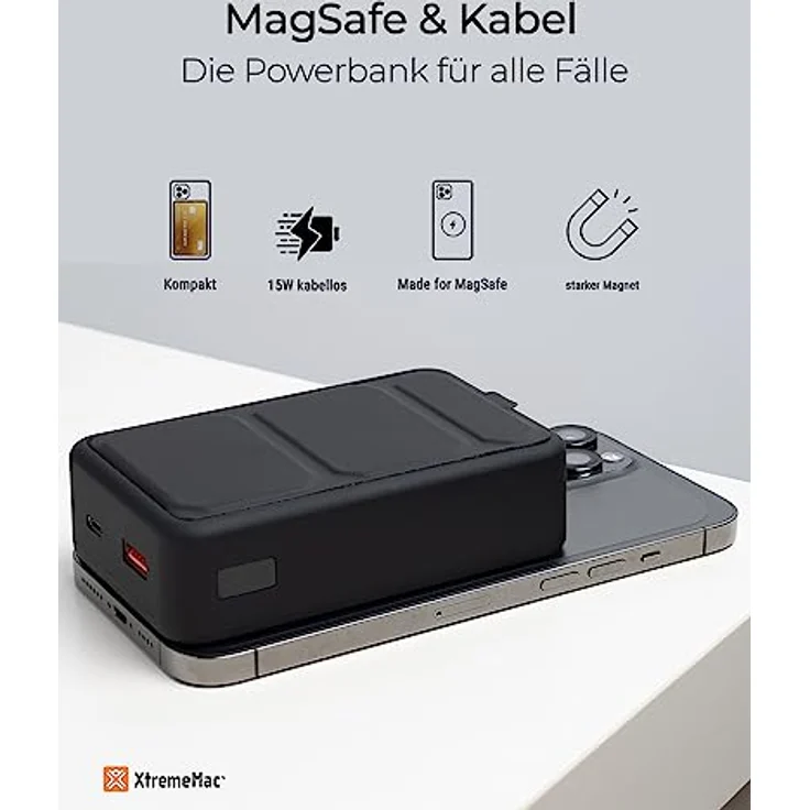 XtremeMac Hochleistungs-Magnetische Kabellose Powerbank, MagSafe Kompatibel, 20000mAh, mit USB-C und USB-A Anschluss, Inklusive Halterung, LED Digitalanzeige, für iPhone 12/13/14, Schwarz – Bild 2
