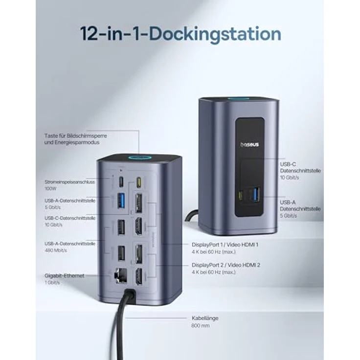 Baseus Nomos Air Docking Station 12 in 1, USB-C Hub mit 4K HDMI/DP, Dual-Display, 10Gbps USB-Anschlüsse, 100W PD, Gigabit-Ethernet, kompatibel mit macOS/Windows (ohne Netzteil) – Bild 3