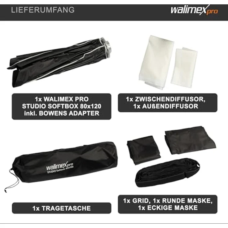 Walimex pro Studio Softbox 80x120cm, 360° drehbar, Schirmfunktion, inkl. Grid, Masken, Bowens Adapter, Transporttasche - ideal für Produkt- und Peoplefotografie – Bild 5