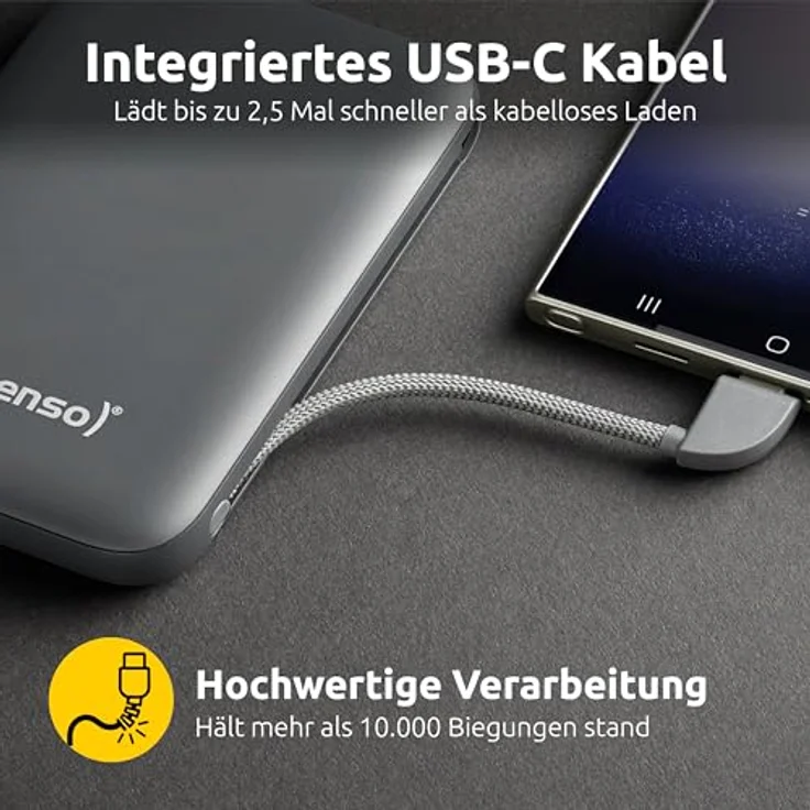 Intenso S10000 Lithium Polymer Powerbank mit 10.000 mAh, Grau, schnelle Ladeleistung bis 20 W, integriertes USB-C-Kabel, LCD-Anzeige – Bild 2