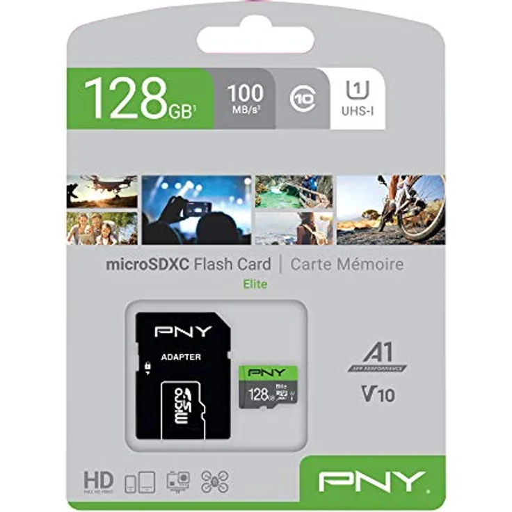 PNY Elite 128GB microSDXC-Speicherkarte + SD-Adapter, 100MB-s Lesegeschwindigkeit, Klasse 10 UHS-I, U1, A1 App Performance, V10 für Full-HD-Video – Bild 2