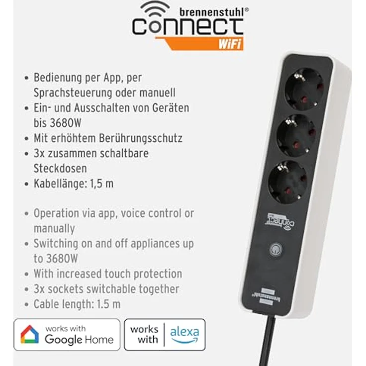 brennenstuhlConnect Ecolor WLAN Steckdosenleiste - Intelligente Steckerleiste 3fach (2.4 GHz WiFi, kompatibel mit Alexa und Google Assistant, kostenfreie App, 1,5m Kabel) weiß-schwarz – Bild 2