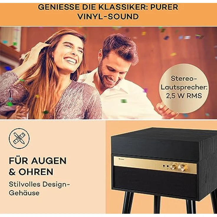 Auna Plattenspieler mit Lautsprecher, Retro-Schallplattenspieler mit Bluetooth & Standfüßen, Schwarz – Bild 3