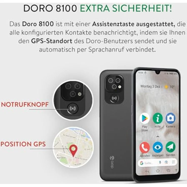 Doro Doro 8100 4G Smartphone, Entsperrt, für Senioren, Wasserdicht, mit Dreifachkamera, 6,1 Zoll Display, GPS und Gesichtserkennung Europäische Version (Schwarz) – Bild 4